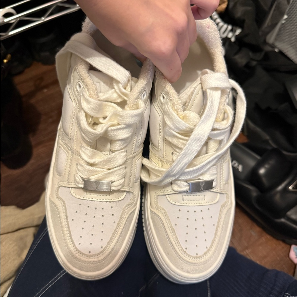 Cream High-Top Sneakers with Textured Leather and Padded Ankle